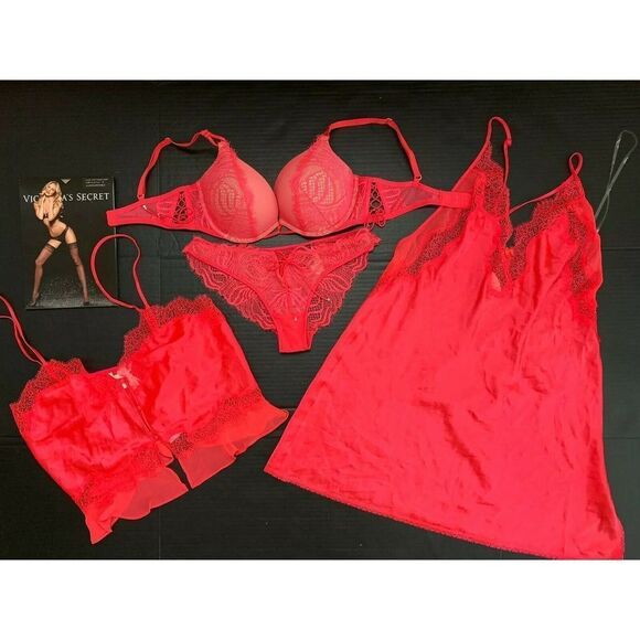Victoria's Secret 36B BOMBSHELL BRA SET+L SLIP CORAL RED PINK lace VERY SEXY